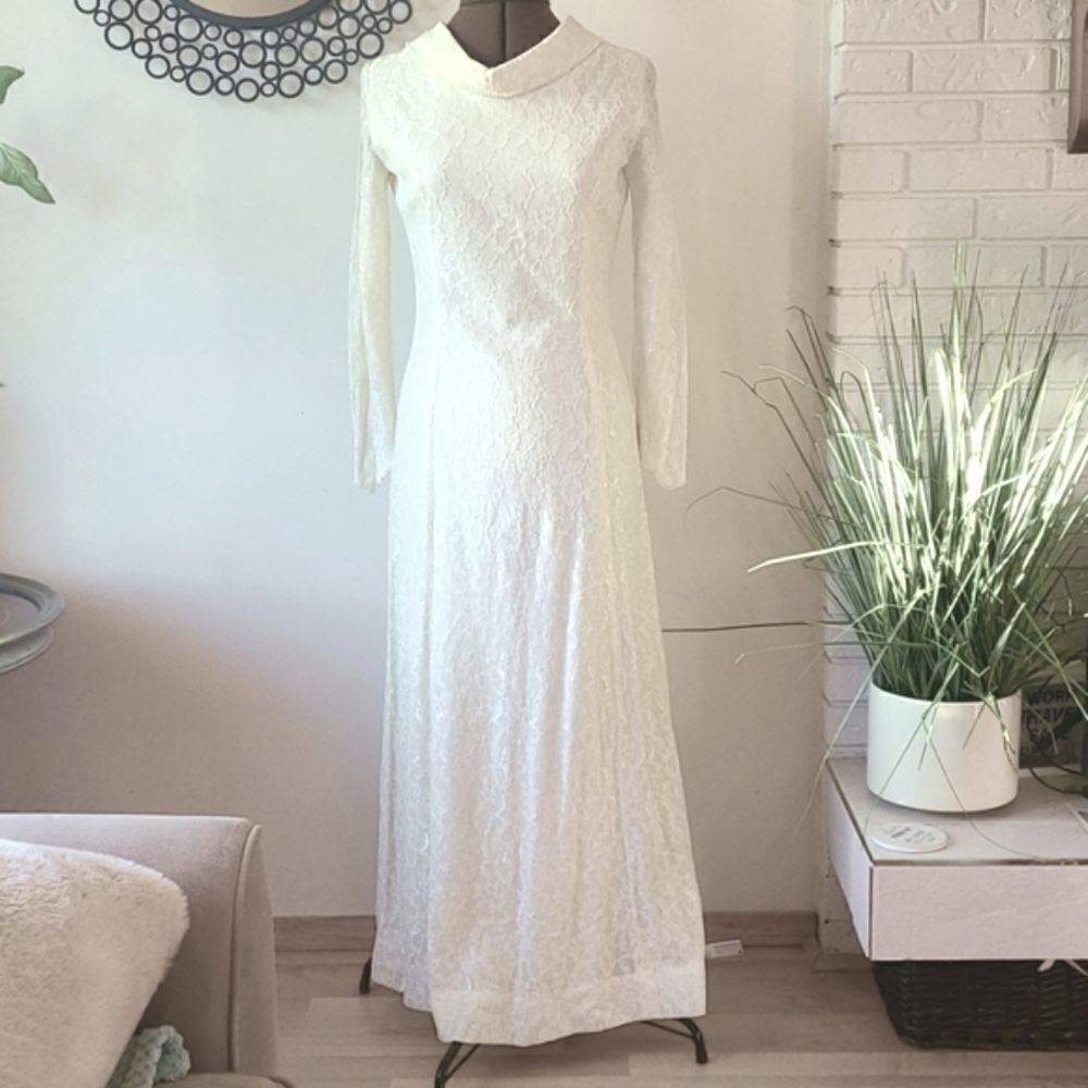 Vintage 60s 70s Ivory Lace Cowl Neck Gown Wedding S  - Picture 2 of 8